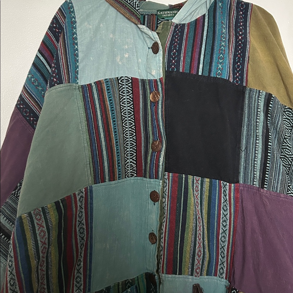 Kathmandu Patchwork Hooded Oversized Boho Cotton Cape Reworked Pullover